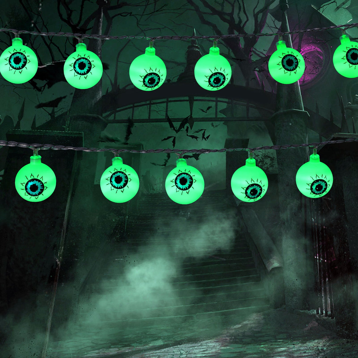 Guirlande lumineuse Garvee Halloween en forme d'yeux verts, 5 m, 30 LED, à piles, étanche, avec télécommande, pour fêtes intérieures et extérieures