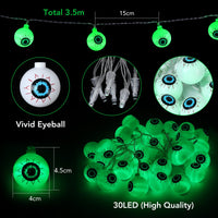 Guirlande lumineuse Garvee Halloween en forme d'yeux verts, 5 m, 30 LED, à piles, étanche, avec télécommande, pour fêtes intérieures et extérieures
