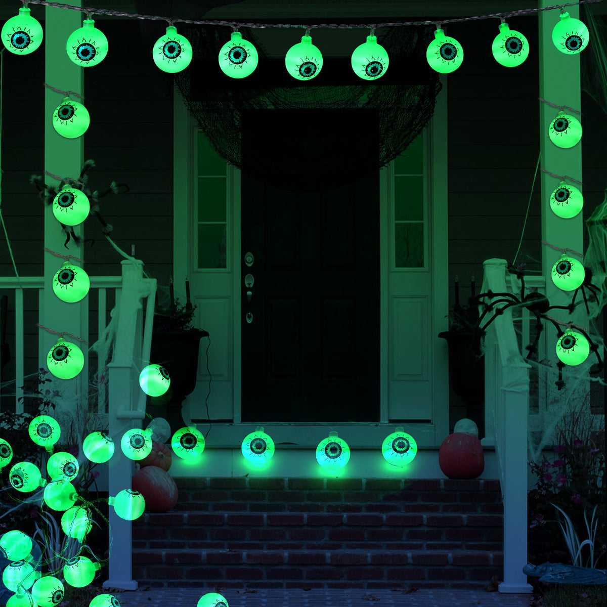 Guirlande lumineuse Garvee Halloween en forme d'yeux verts, 5 m, 30 LED, à piles, étanche, avec télécommande, pour fêtes intérieures et extérieures