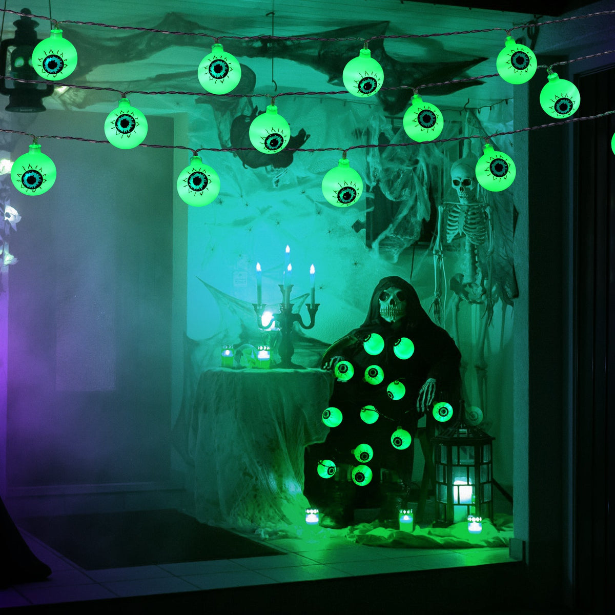 Guirlande lumineuse Garvee Halloween en forme d'yeux verts, 5 m, 30 LED, à piles, étanche, avec télécommande, pour fêtes intérieures et extérieures