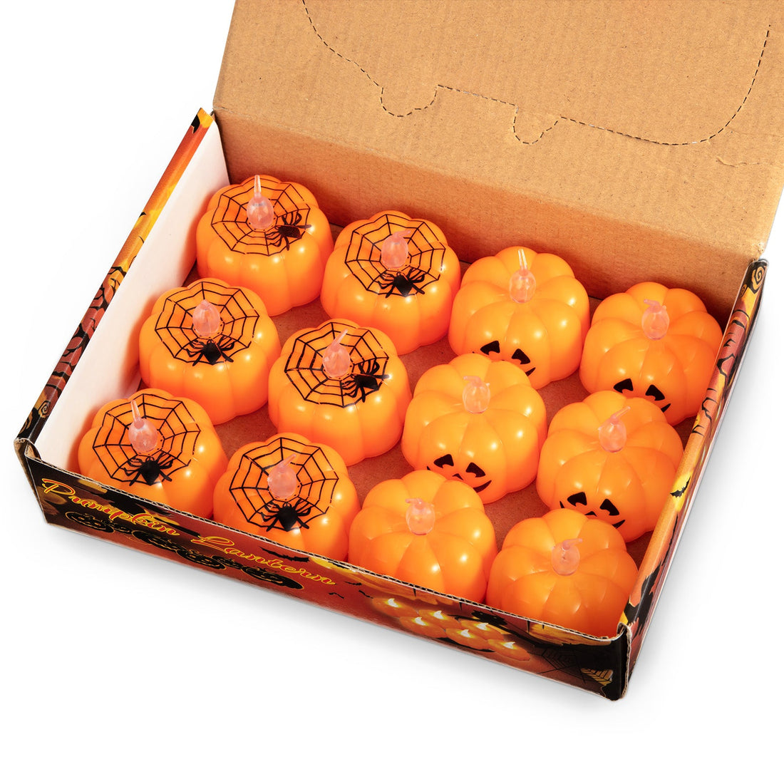 Guirlande lumineuse citrouille d'Halloween Garvee, lot de 12 LED, bougies chauffe-plat citrouille Jack-O'-lantern scintillantes, fonctionne à piles, sûre, à personnaliser, pour décoration de fête d'Halloween, 4,6 x 4 cm, orange