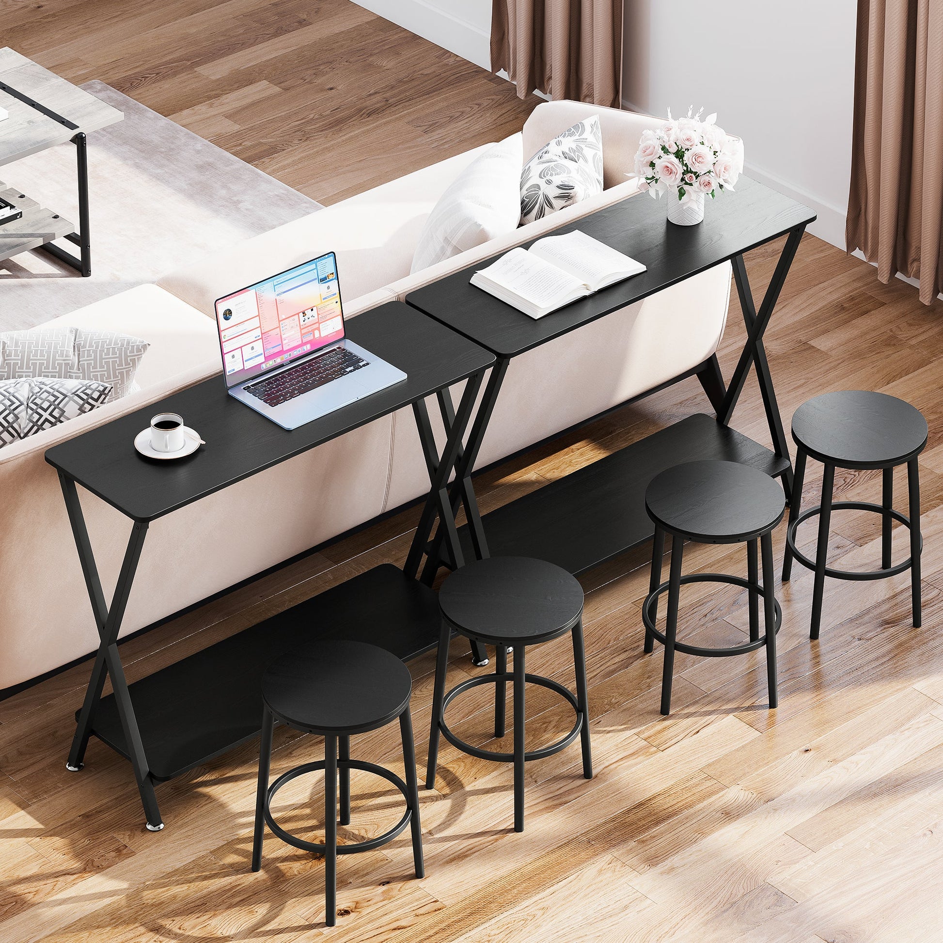 Table d'appoint Garvee, étroite et allongée, à 2 niveaux, style industriel, en MDF, bois et métal, robuste, en forme de X, réglable, idéale pour le salon ou l'entrée, noire.