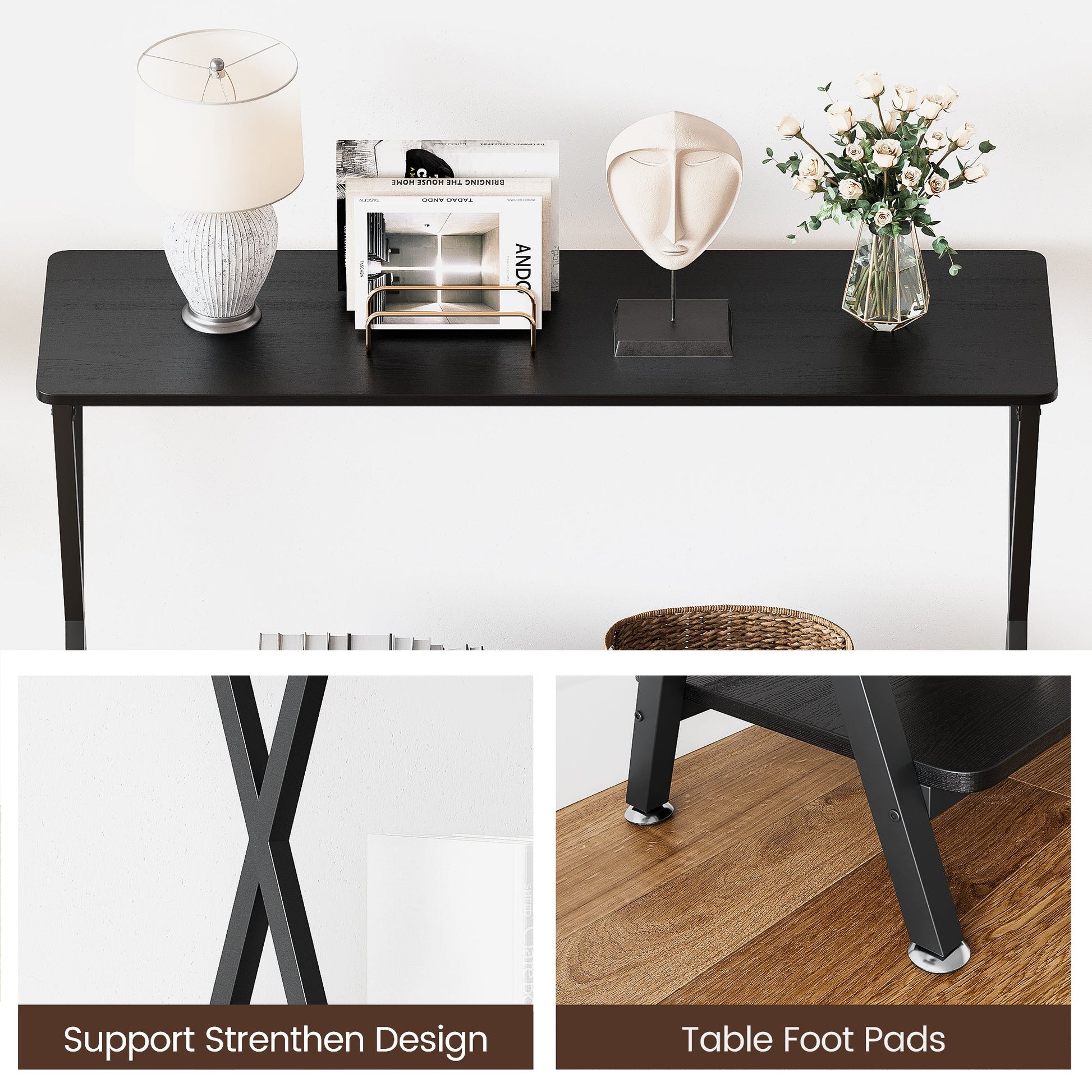 Table d'appoint Garvee, étroite et allongée, à 2 niveaux, style industriel, en MDF, bois et métal, en forme de X, stable, pieds réglables, idéale pour le salon ou l'entrée, noire.