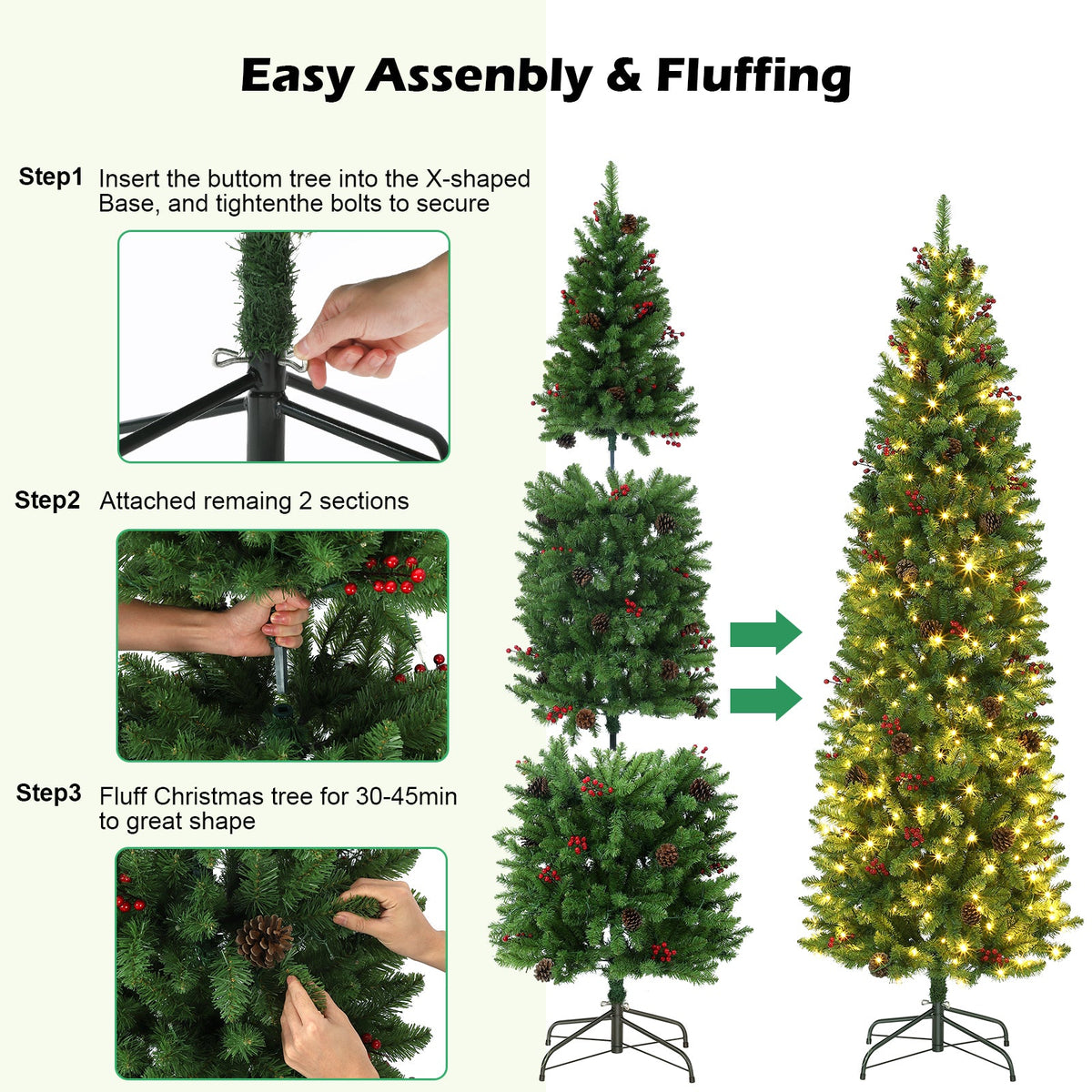 Sapin de Noël Garvee 230 cm avec support en métal - Éclairage LED monochrome à 8 modes pour une décoration festive du salon