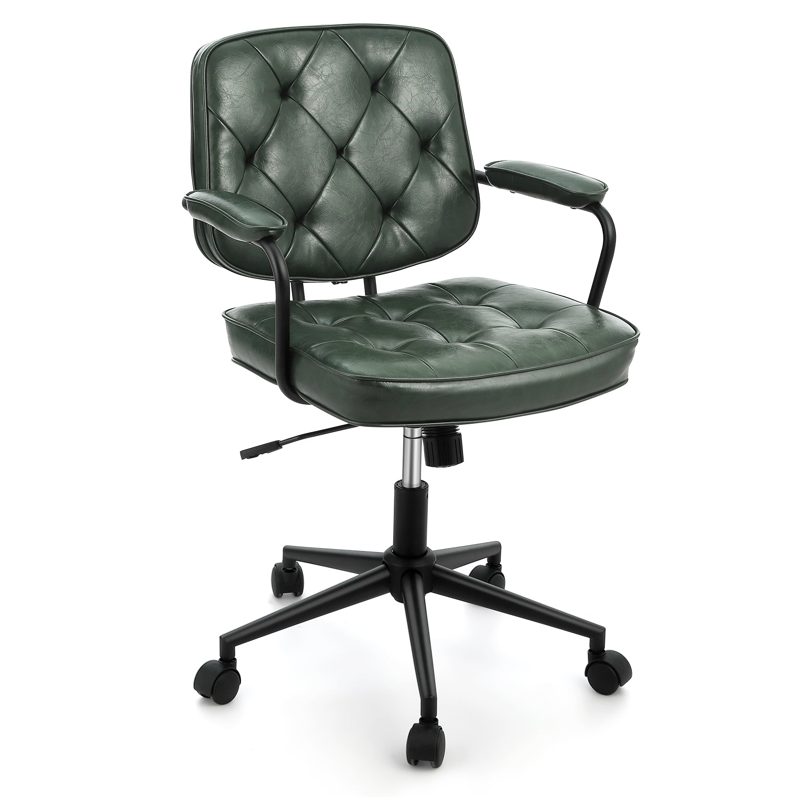 Chaise de bureau Garvee verte - Hauteur réglable, pivotante à 360°, revêtement en similicuir, rembourrée, avec accoudoirs, dossier mi-haut, idéale pour le bureau et le salon.