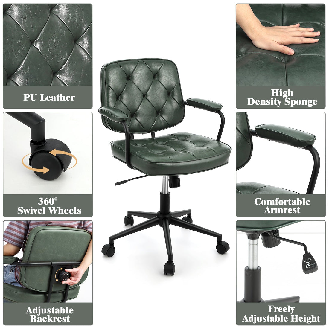 Garvee chaise de bureau verte, hauteur réglable, pivotante à 360°, revêtement en similicuir, rembourrée, avec accoudoirs, dossier mi-haut, idéale pour le bureau et le salon