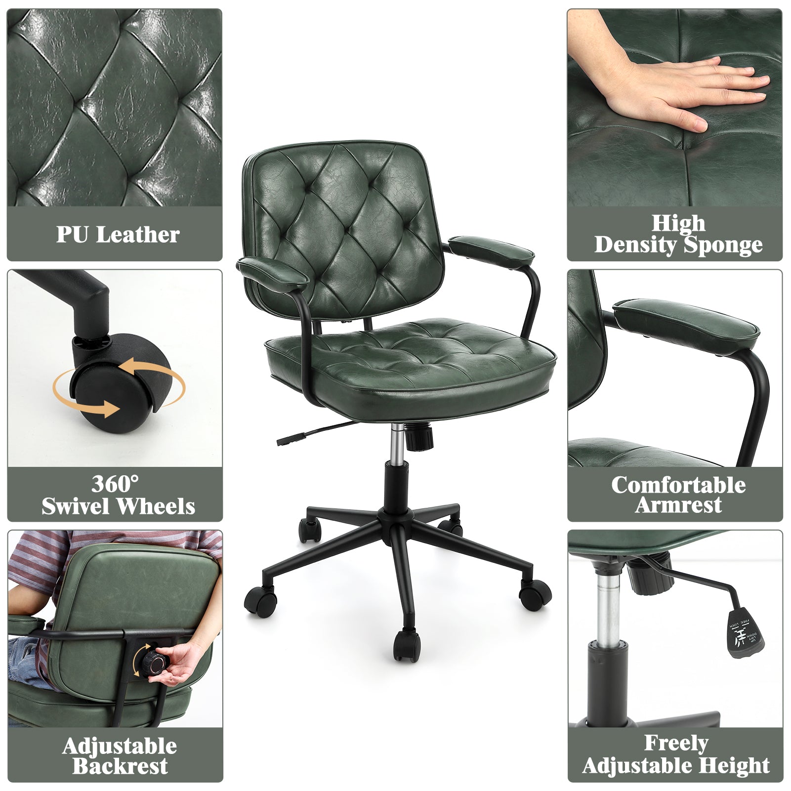 Chaise de bureau Garvee verte - Hauteur réglable, pivotante à 360°, revêtement en similicuir, rembourrée, avec accoudoirs, dossier mi-haut, idéale pour le bureau et le salon.