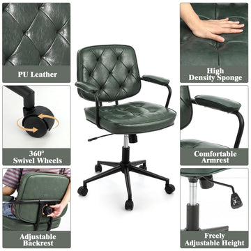 Chaise de bureau Garvee verte - Hauteur réglable, pivotante à 360°, revêtement en similicuir, rembourrée, avec accoudoirs, dossier mi-haut, idéale pour le bureau et le salon.