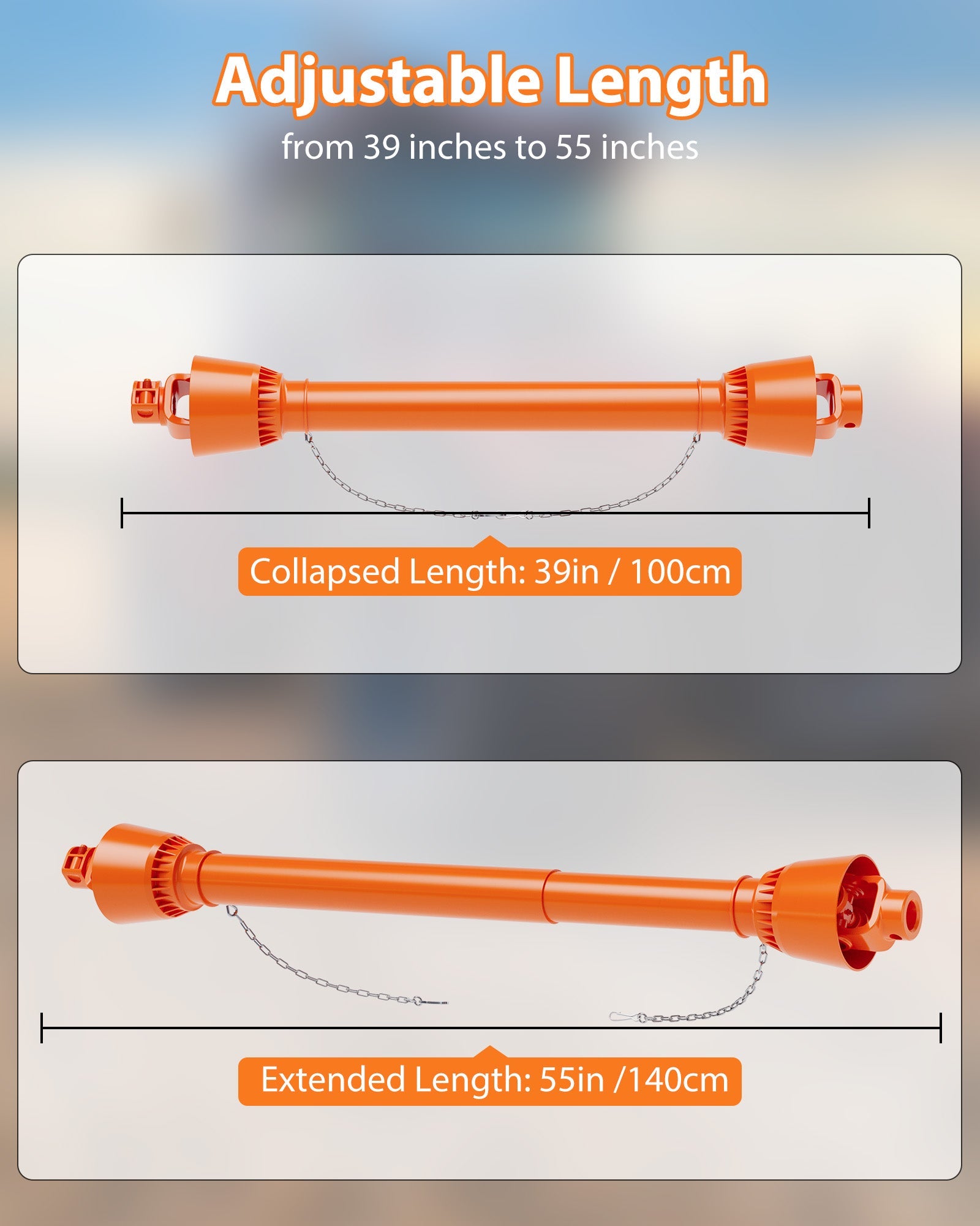 Arbre de transmission de prise de force Garvee 1 3/8 po, extrémité à 6 cannelures, extrémité ronde, tracteur série 4, 39-55 po, finition acier