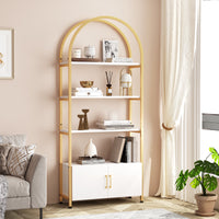 Bibliothèque Garvee dorée avec arche, structure métallique robuste, 4 étagères ouvertes, portes, hauteur 182 cm, mobilier de salon moderne