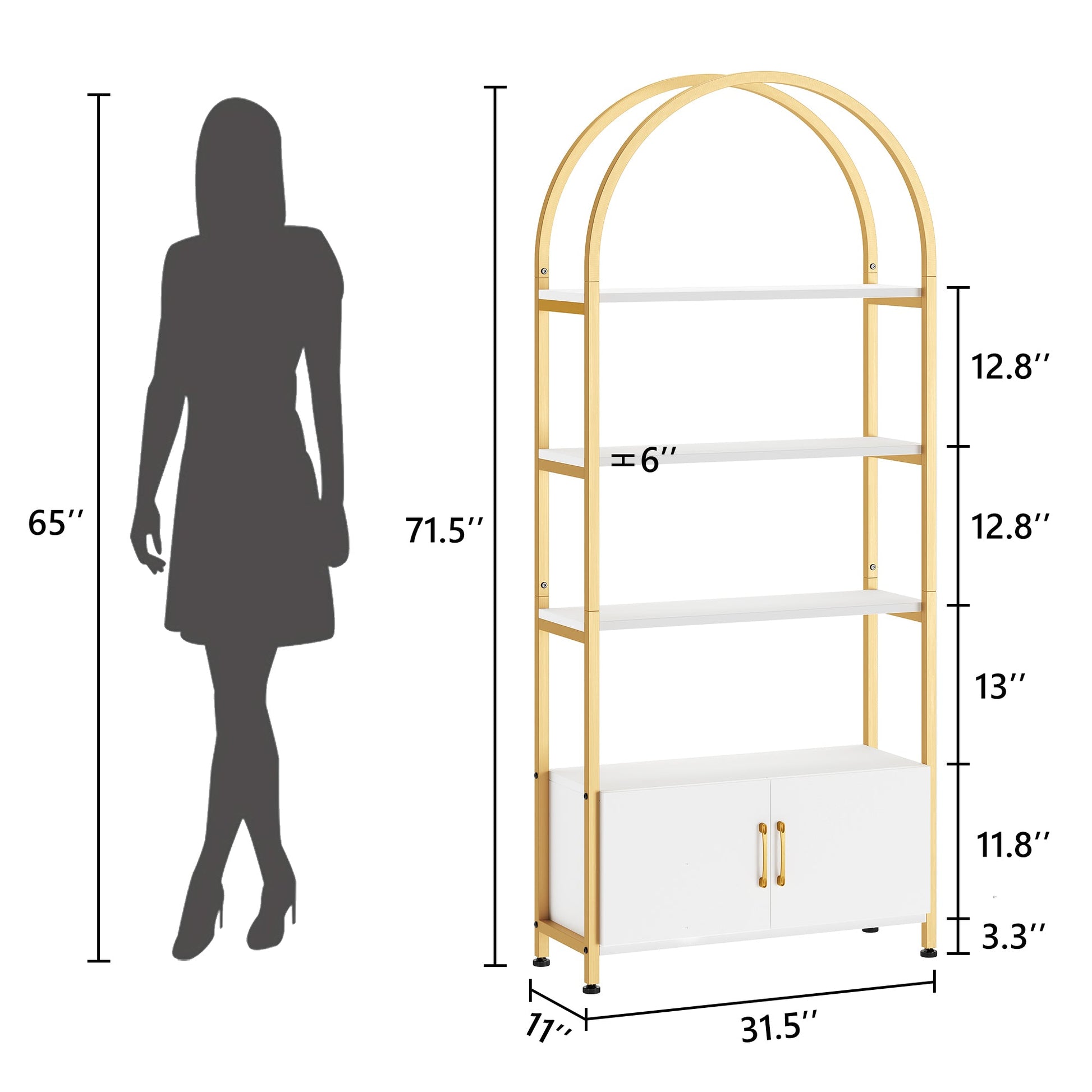 Bibliothèque Garvee dorée avec arche, structure métallique robuste, 4 étagères ouvertes, portes, hauteur 182 cm, mobilier de salon moderne