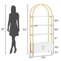 Bibliothèque Garvee dorée avec arche, structure métallique robuste, 4 étagères ouvertes, portes, hauteur 182 cm, mobilier de salon moderne