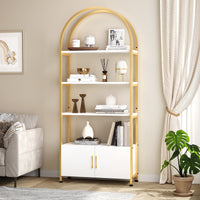 Bibliothèque Garvee dorée avec arche, structure métallique robuste, 4 étagères ouvertes, portes, hauteur 182 cm, mobilier de salon moderne