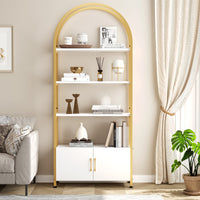 Bibliothèque Garvee dorée avec arche, structure métallique robuste, 4 étagères ouvertes, portes, hauteur 182 cm, mobilier de salon moderne
