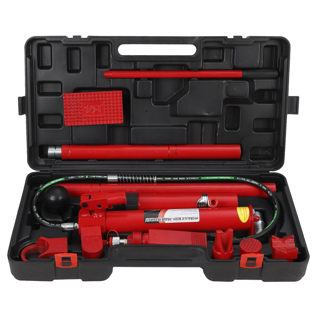 Kit hydraulique Garvee 10 T Porta Power : ensemble complet pour atelier automobile et carrosserie, avec coffret de transport sécurisé en acier.