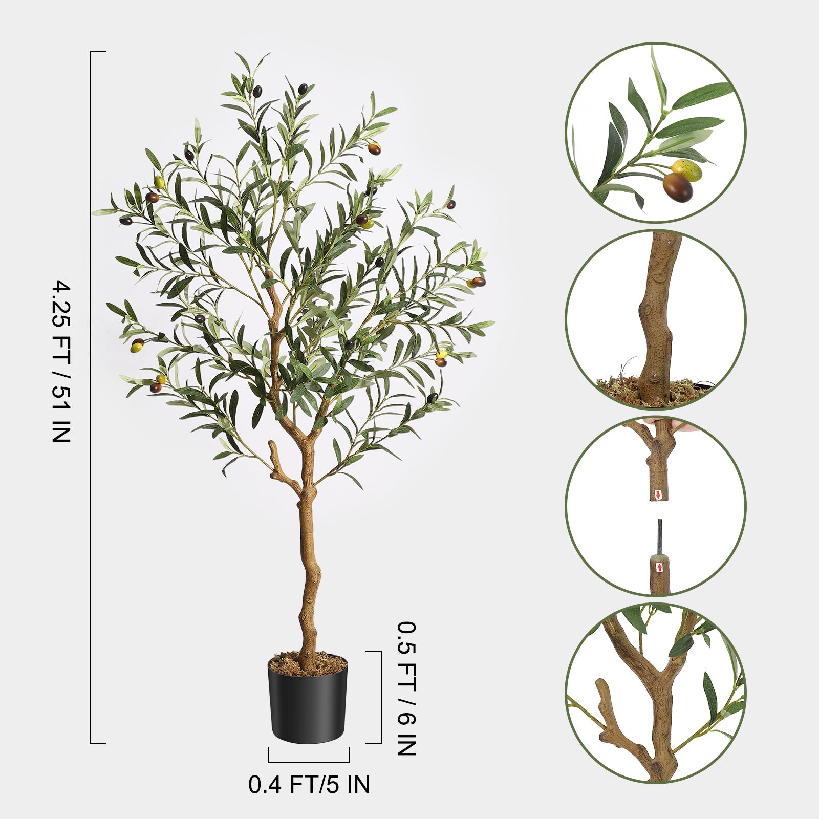 Garvee Olivier artificiel 130 cm en soie synthétique, tronc en bois naturel, fruits réalistes, montage facile, matériaux sûrs, déco intérieure maison et bureau