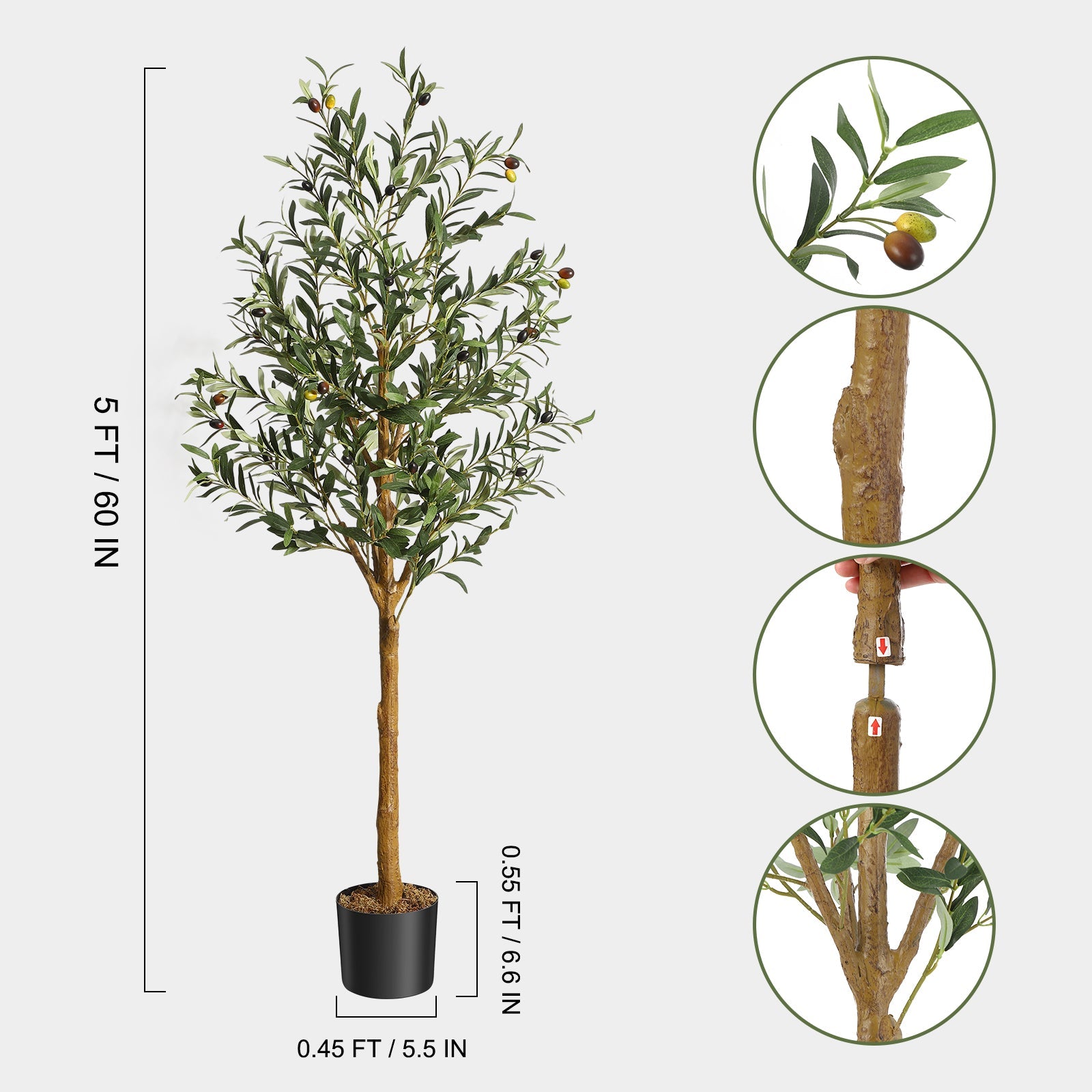 Garvee Olivier artificiel 150 cm en polyester et bois, pot avec mousse décorative, plante verte réaliste pour salon, bureau et décoration intérieure