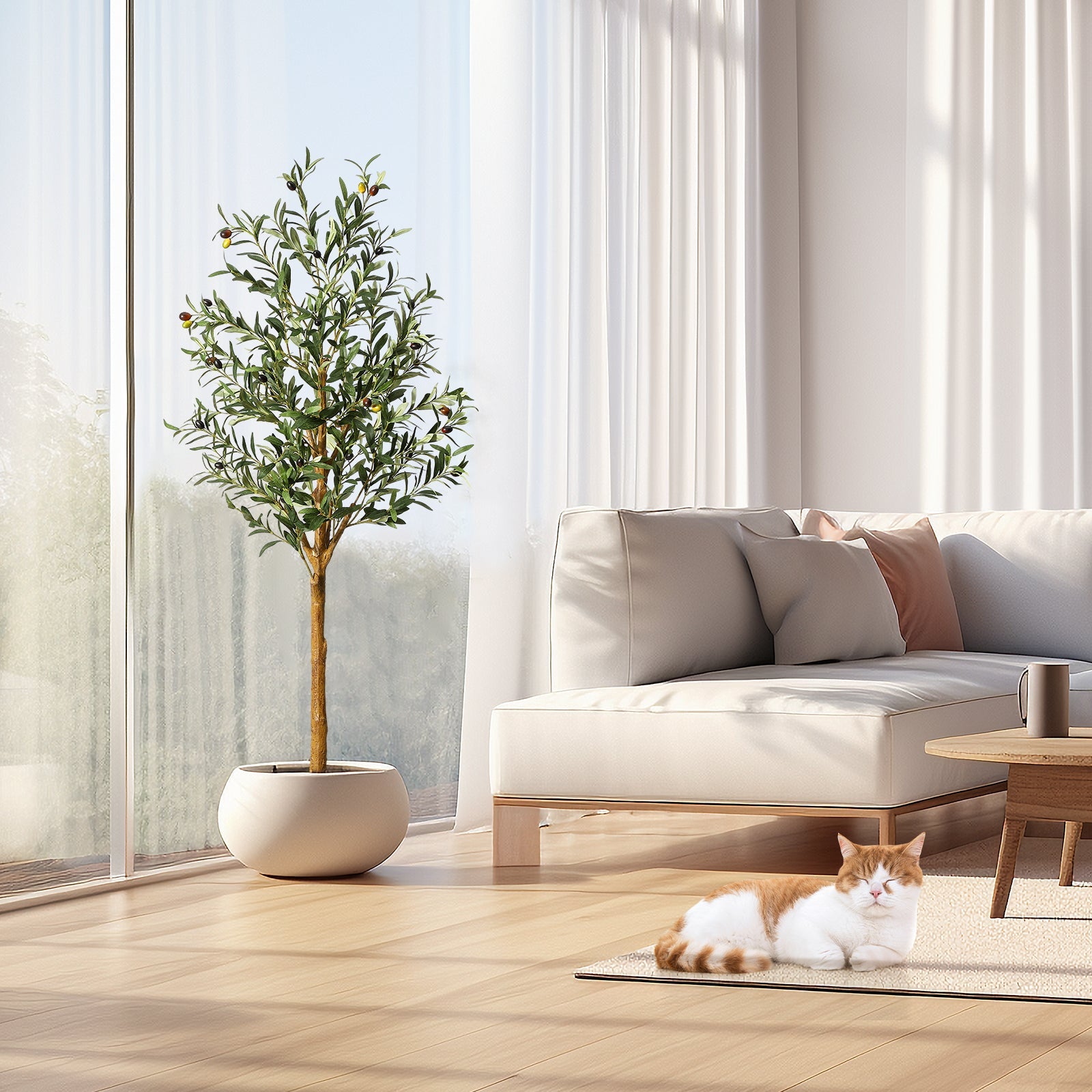 Garvee Olivier artificiel 150 cm en polyester et bois, pot avec mousse décorative, plante verte réaliste pour salon, bureau et décoration intérieure