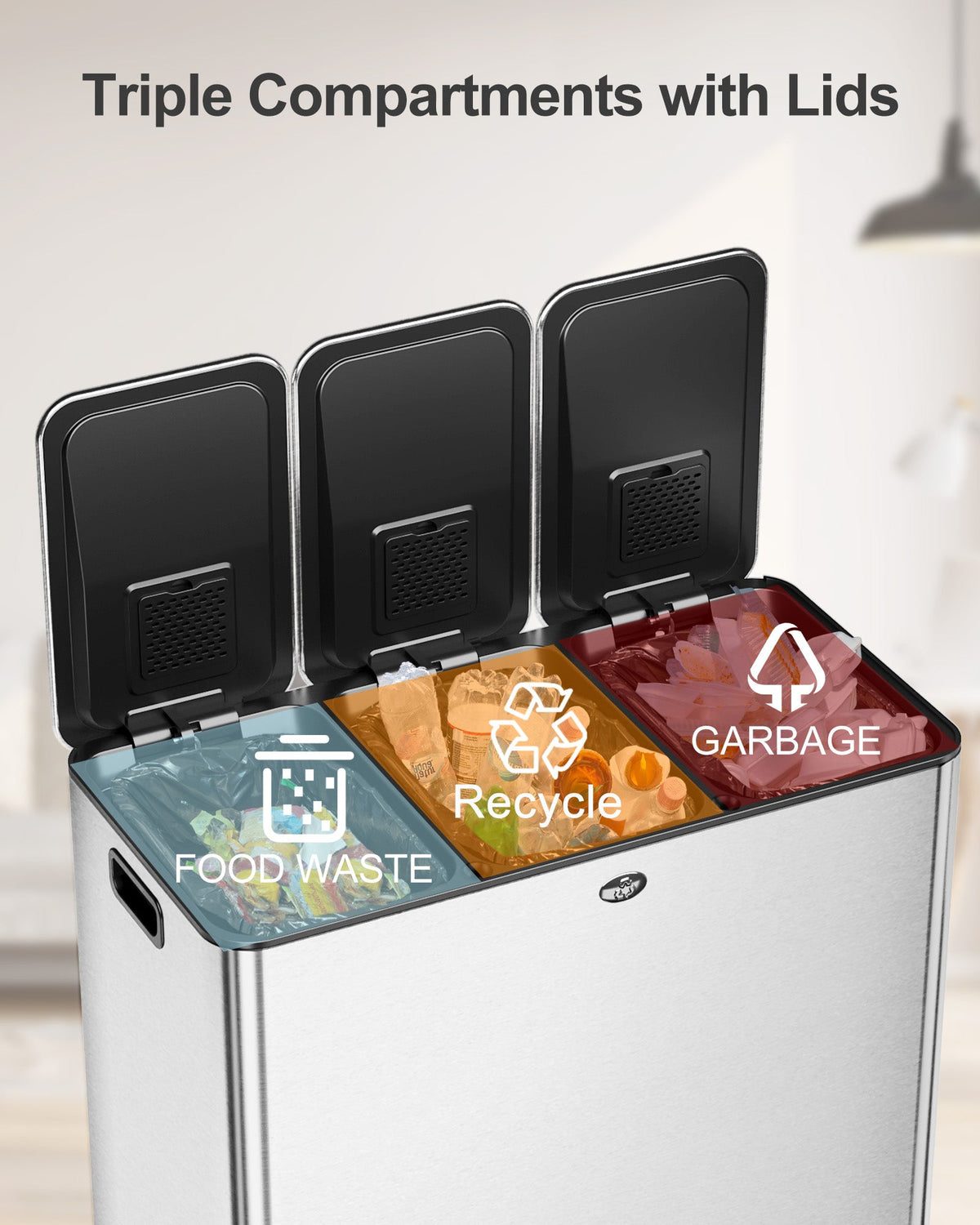 Garvee Poubelle Triple en Acier Inox 61 L avec Couvercles Séparés et Pédales, Bac de Tri Recyclage pour Cuisine et Salon