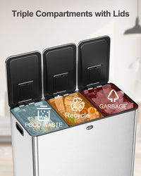 Garvee Poubelle Triple en Acier Inox 61 L avec Couvercles Séparés et Pédales, Bac de Tri Recyclage pour Cuisine et Salon