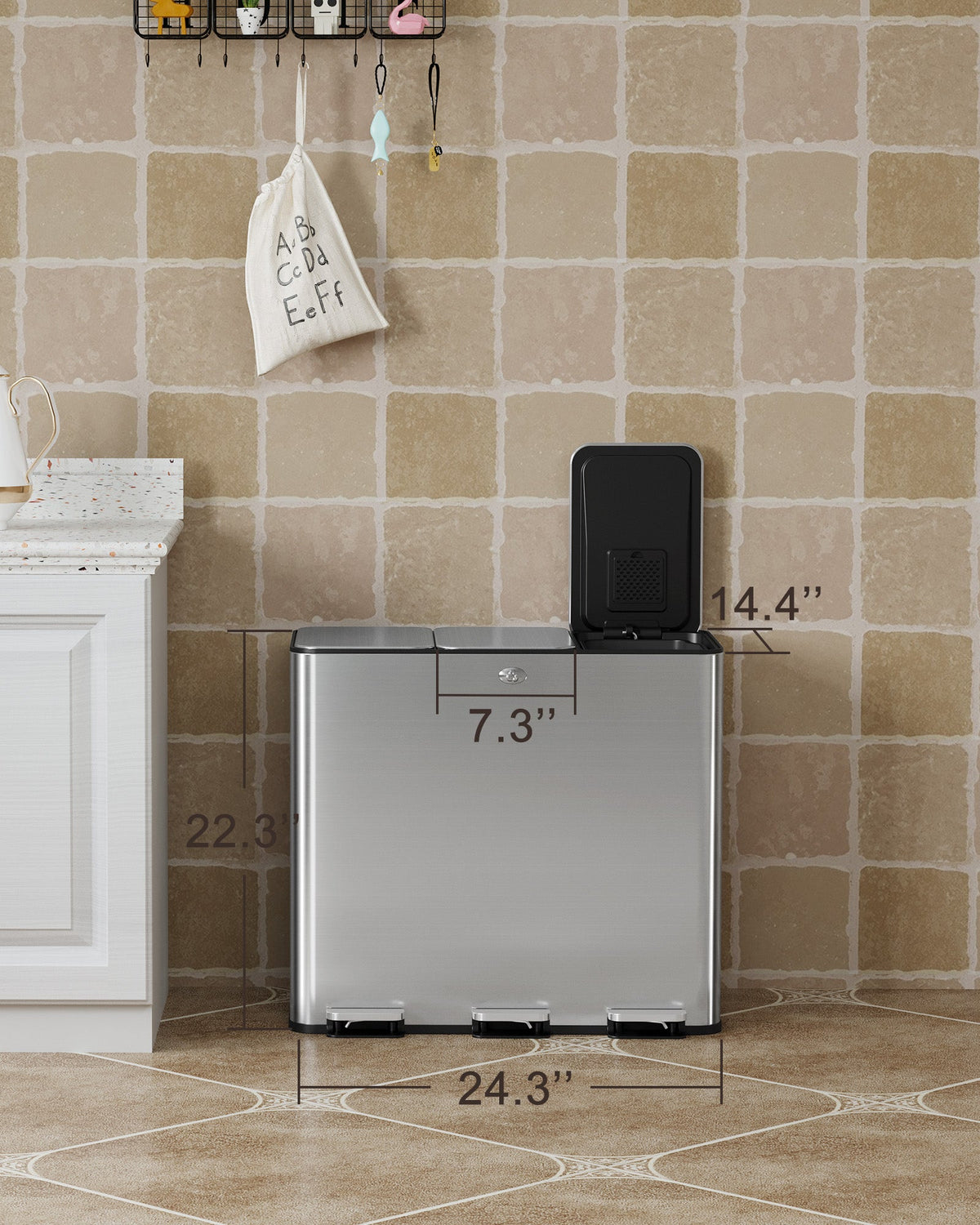 Garvee Poubelle Triple en Acier Inox 61 L avec Couvercles Séparés et Pédales, Bac de Tri Recyclage pour Cuisine et Salon