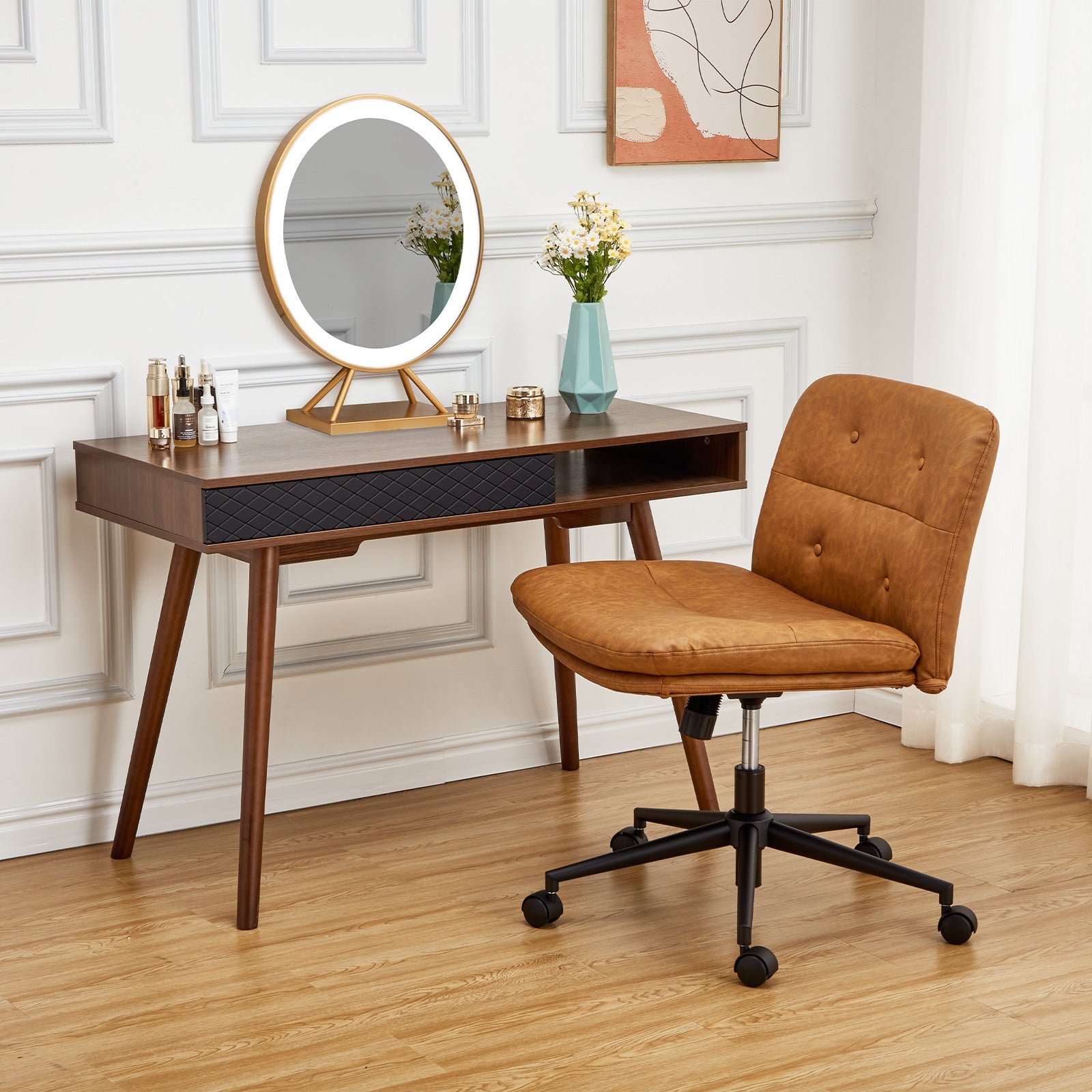 Chaise de bureau Garvee à jambes croisées avec roulettes, réglable en hauteur, assise large, revêtement en cuir PU noir, robuste, idéale pour le bureau à domicile et le gaming.