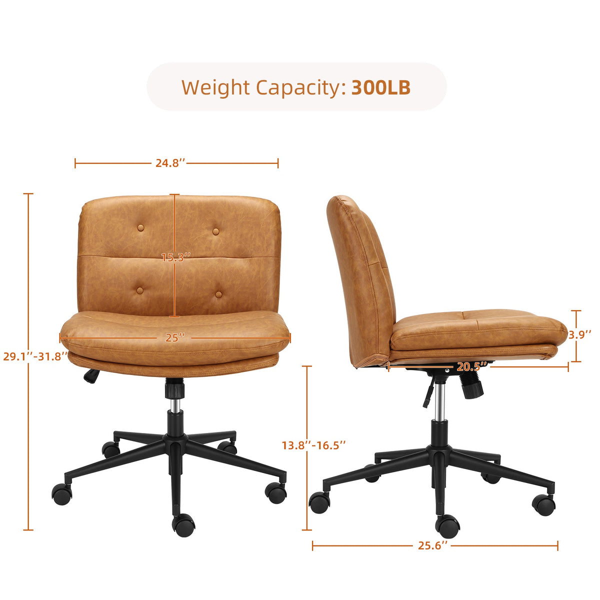 Chaise de bureau Garvee à jambes croisées avec roulettes, réglable en hauteur, assise large, revêtement en cuir PU noir, robuste, idéale pour le bureau à domicile et le gaming.