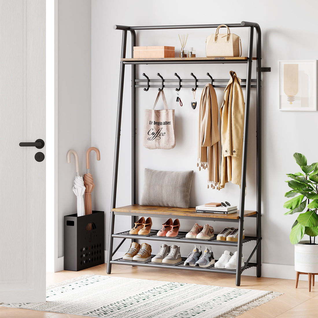 Porte-manteau simple Garvee 100 cm – Structure en métal aspect bois avec banc à chaussures et 5 à 10 crochets pour entrée et salon