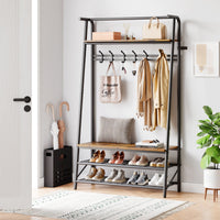 Garvee Porte-manteau simple 100 cm – Structure en métal aspect bois avec banc à chaussures et 5 à 10 crochets pour entrée et salon