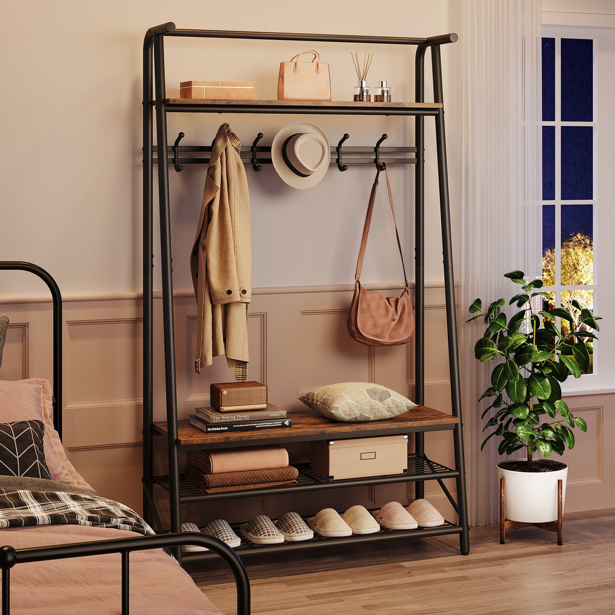 Garvee Porte-manteau simple 100 cm – Structure en métal aspect bois avec banc à chaussures et 5 à 10 crochets pour entrée et salon