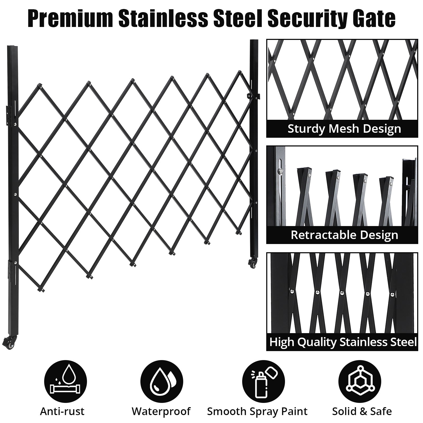 Portail métallique extensible Garvee, 2,2 m de large, portail de sécurité pliable avec roulettes pour chantiers, gares, écoles, garages, 216 x 216 cm, noir