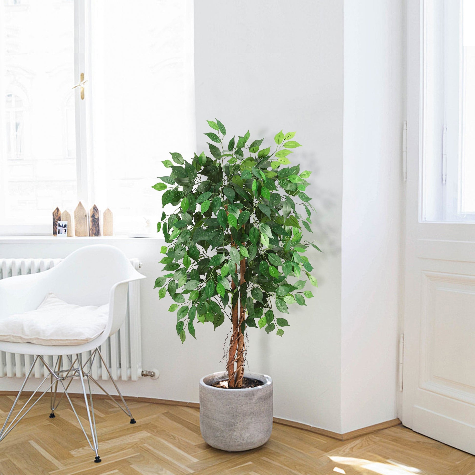 Ficus artificiel Garvee 120 cm, tronc en bois naturel, pot en plastique stable, vert, pour intérieur et extérieur.