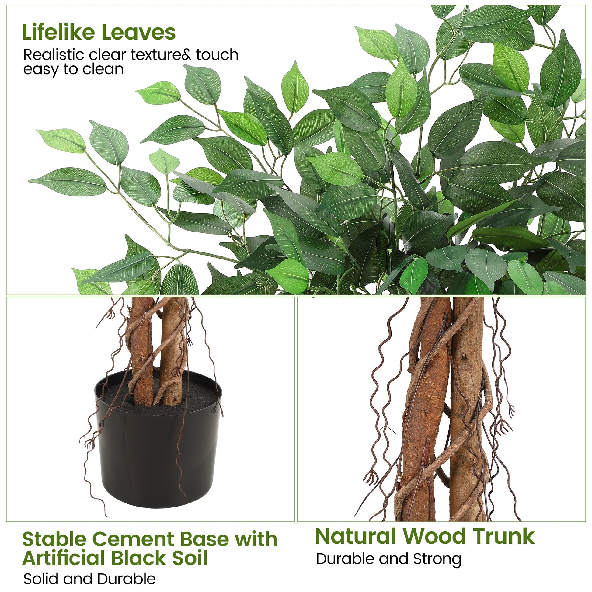 Ficus artificiel Garvee 120 cm, tronc en bois naturel, pot en plastique stable, vert, pour intérieur et extérieur.