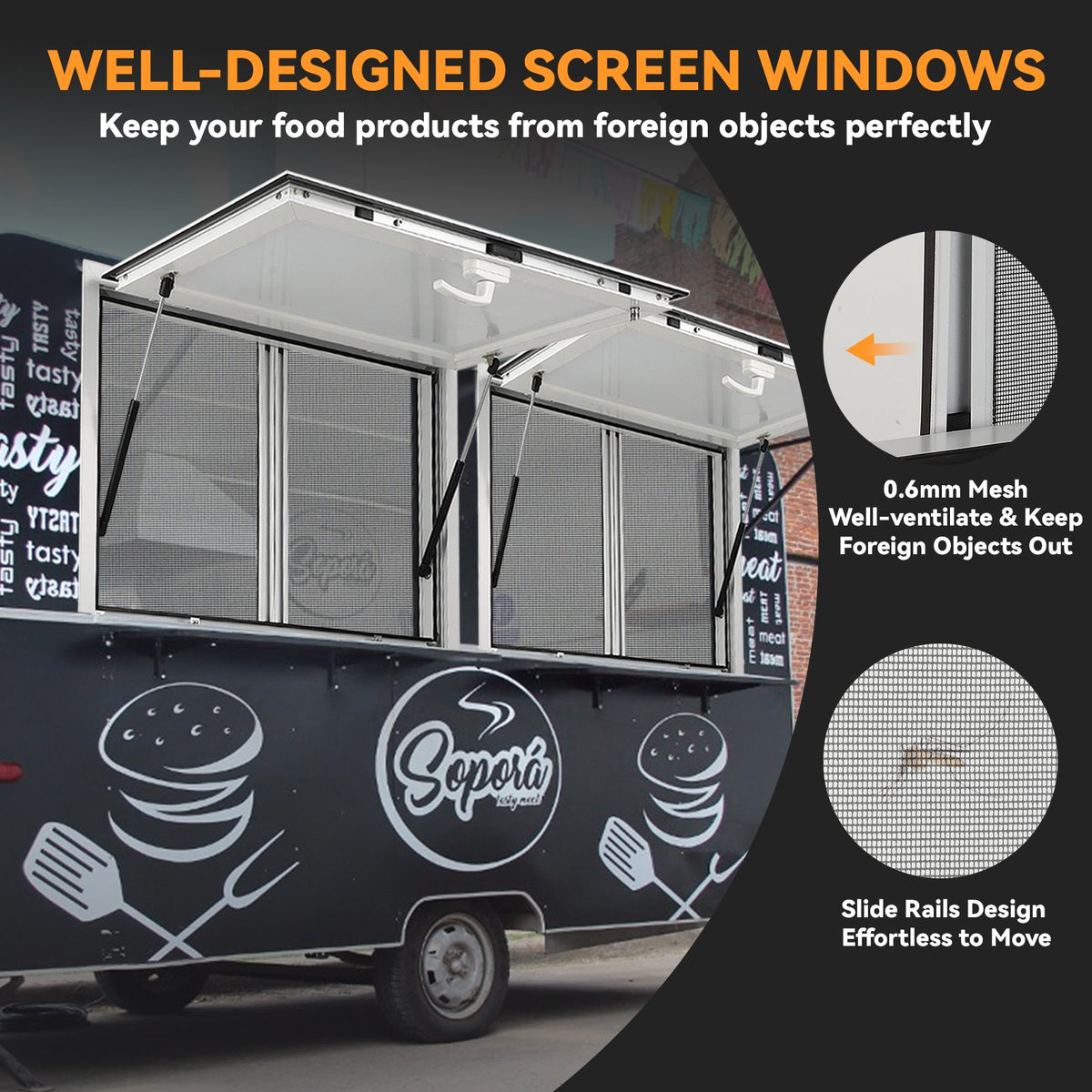Vitrine de vente pour camion-restaurant Garvee, piliers de levage pneumatiques en aluminium de 48 x 36 pouces, double joint, usage extérieur