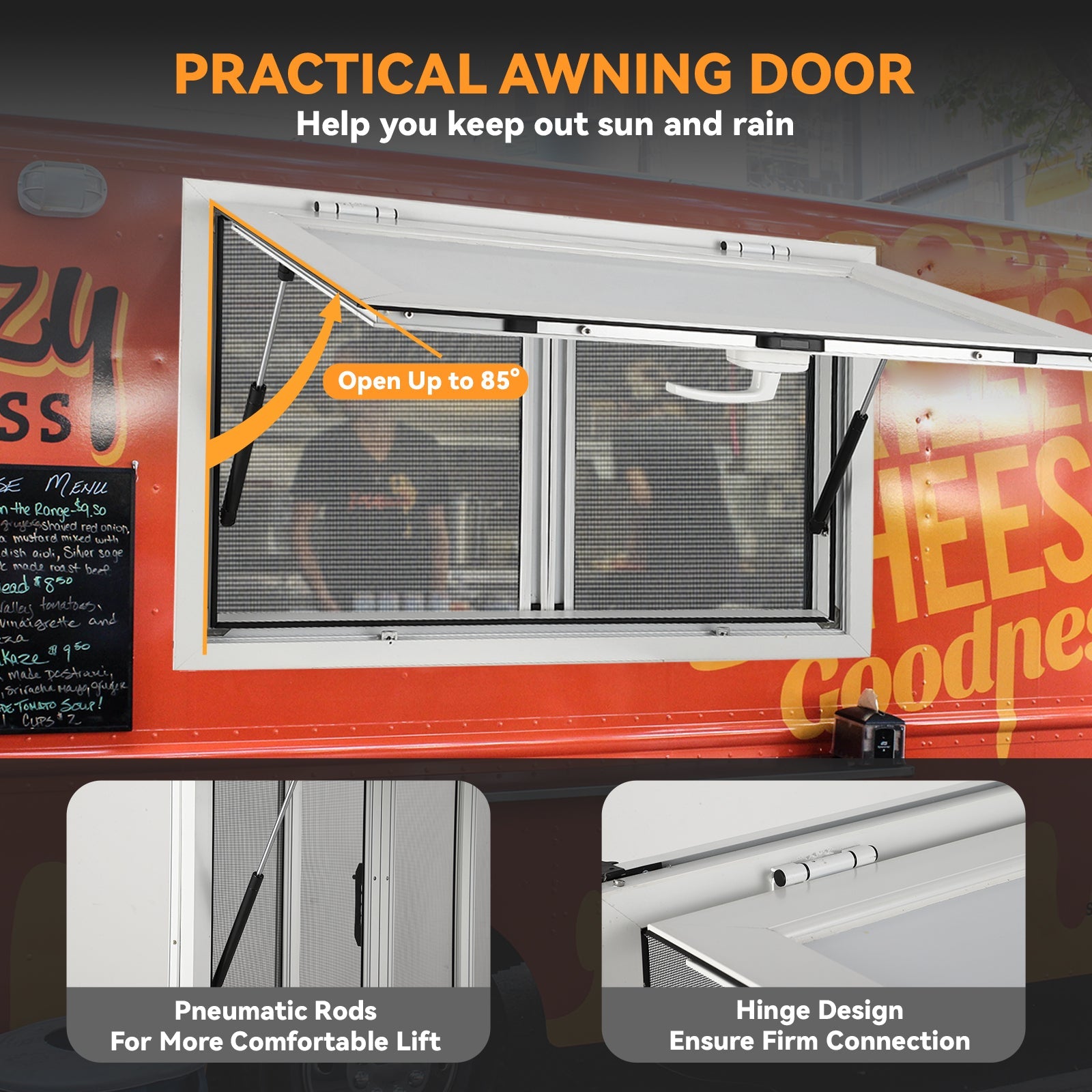Vitrine de vente pour camion-restaurant Garvee, piliers de levage pneumatiques en aluminium de 48 x 36 pouces, double joint, usage extérieur