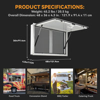 Vitrine de vente pour camion-restaurant Garvee, piliers de levage pneumatiques en aluminium de 48 x 36 pouces, double joint, usage extérieur