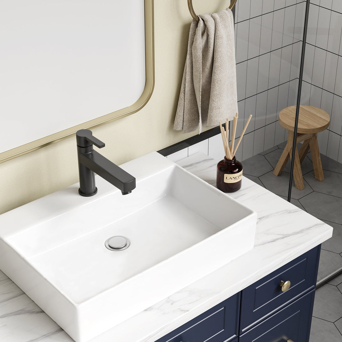Lavabo de salle de bain Garvee, rectangulaire, en céramique blanche, 61 x 45 x 13 cm, pour salle de bain et toilettes invités, moderne, résistant aux rayures, émaillé
