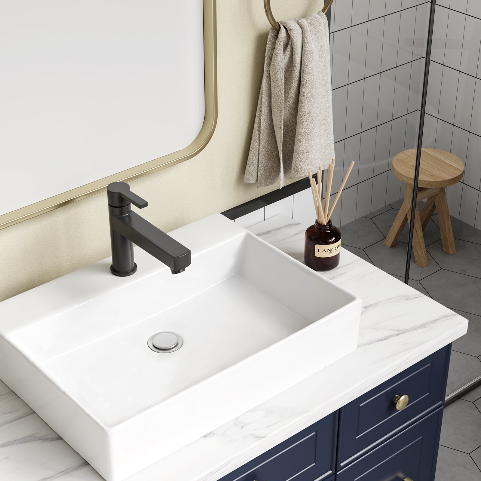 Lavabo de salle de bain Garvee, rectangulaire, en céramique blanche, 61 x 45 x 13 cm, pour salle de bain et toilettes invités, moderne, résistant aux rayures, émaillé