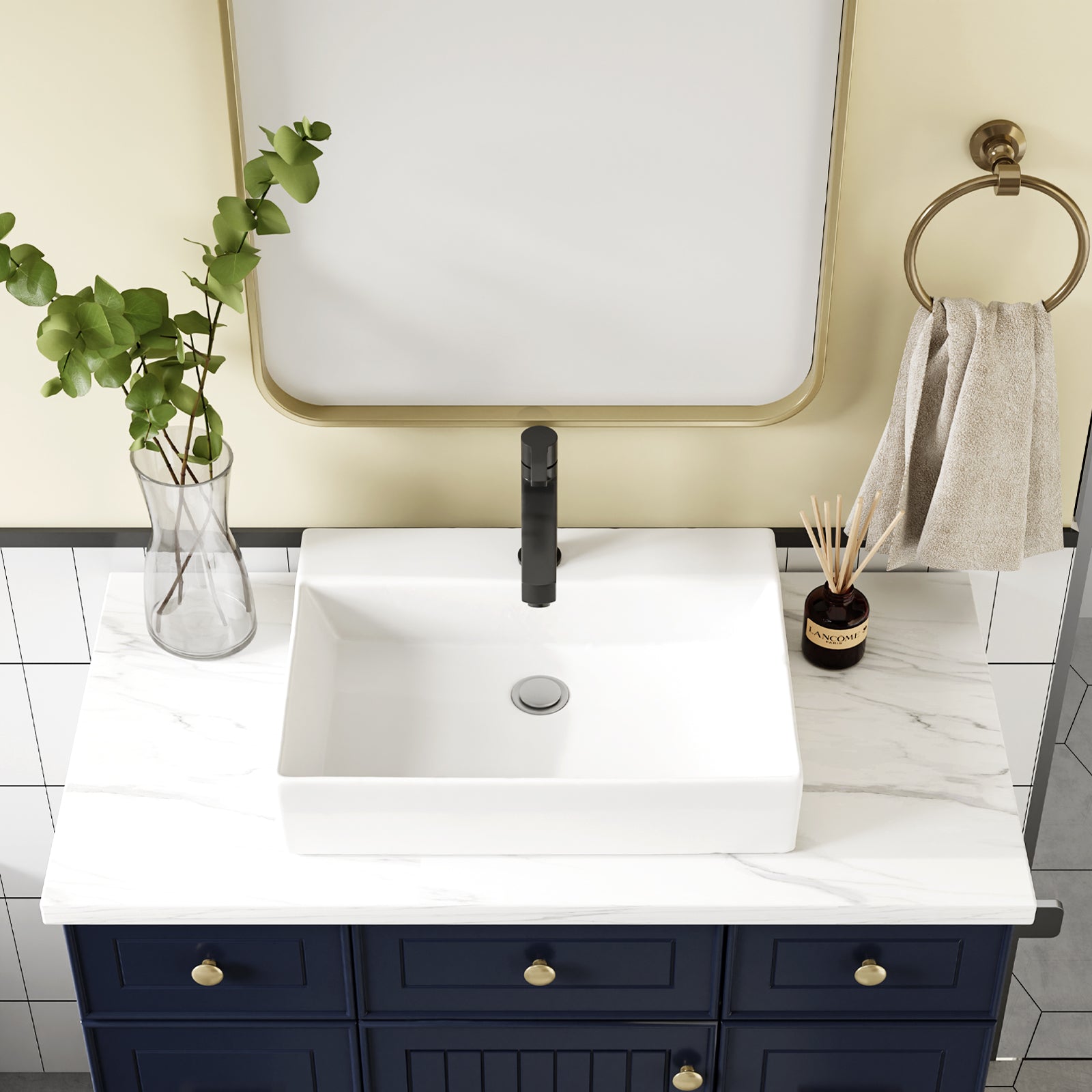 Lavabo de salle de bain Garvee, rectangulaire, en céramique blanche, 61 x 45 x 13 cm, pour salle de bain et toilettes invités, moderne, résistant aux rayures, émaillé