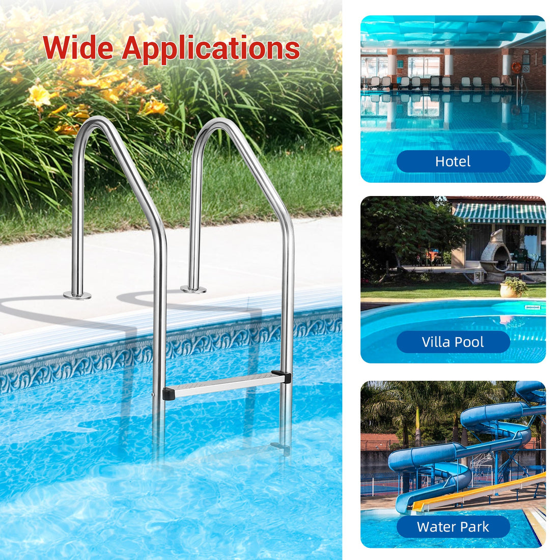 Garvee Échelle de piscine enterrée 4 marches, acier inoxydable 304, marches antidérapantes, pour piscine creusée, argenté