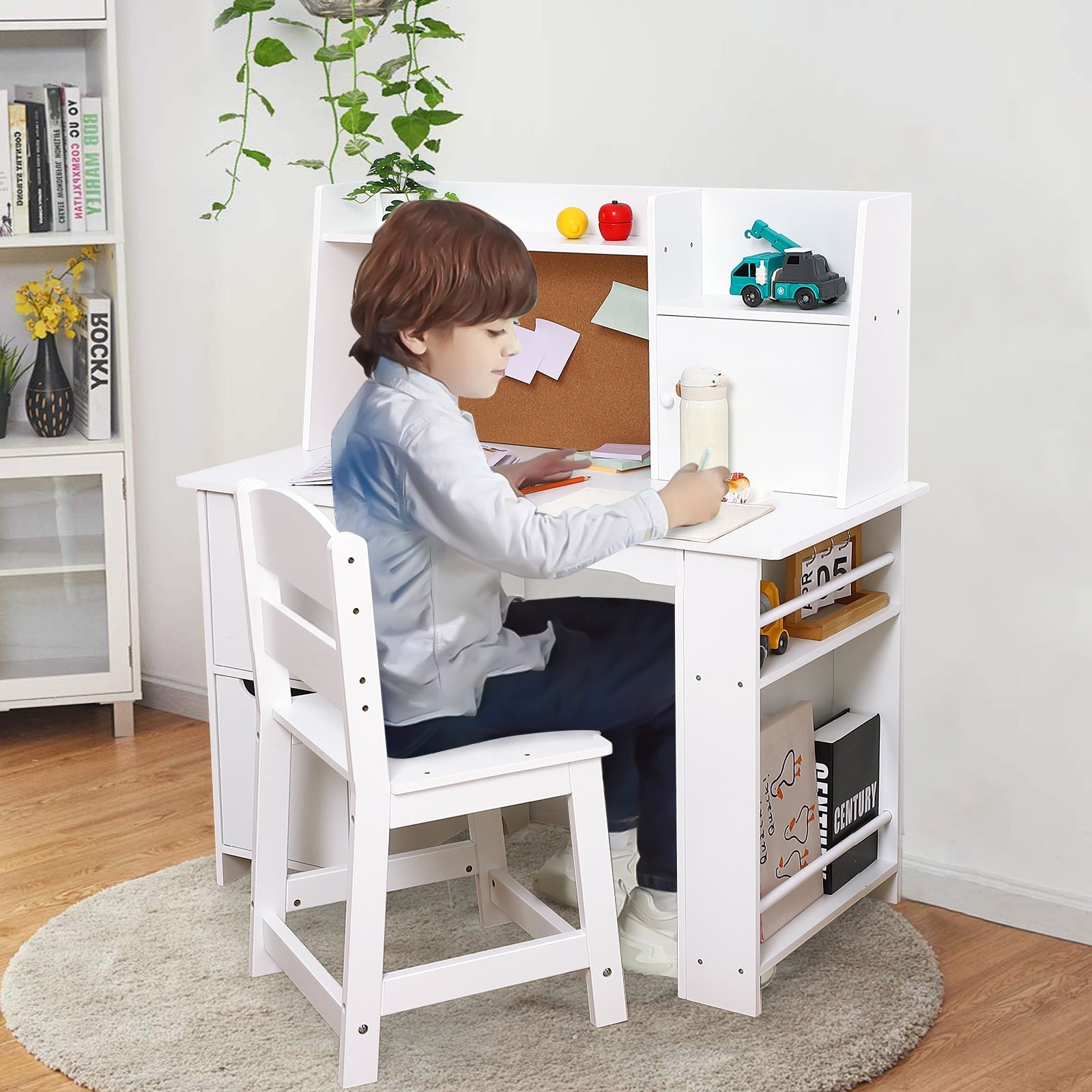 Garvee Bureau enfant blanc avec chaise et rangement, table d’apprentissage pour filles et garçons de 3 à 10 ans, idéale devoirs, lecture et dessin