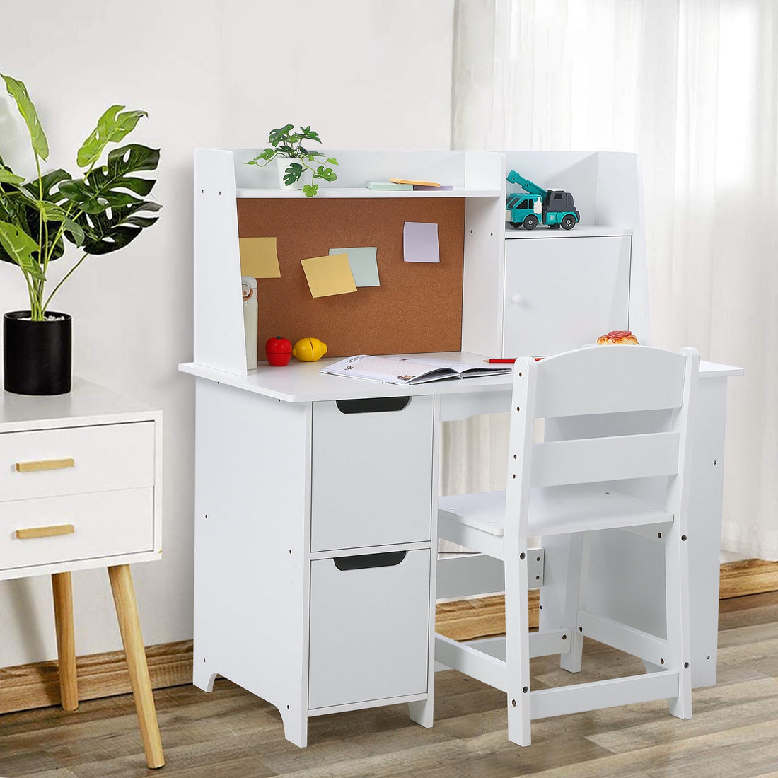 Garvee Bureau enfant blanc avec chaise et rangement, table d’apprentissage pour filles et garçons de 3 à 10 ans, idéale devoirs, lecture et dessin