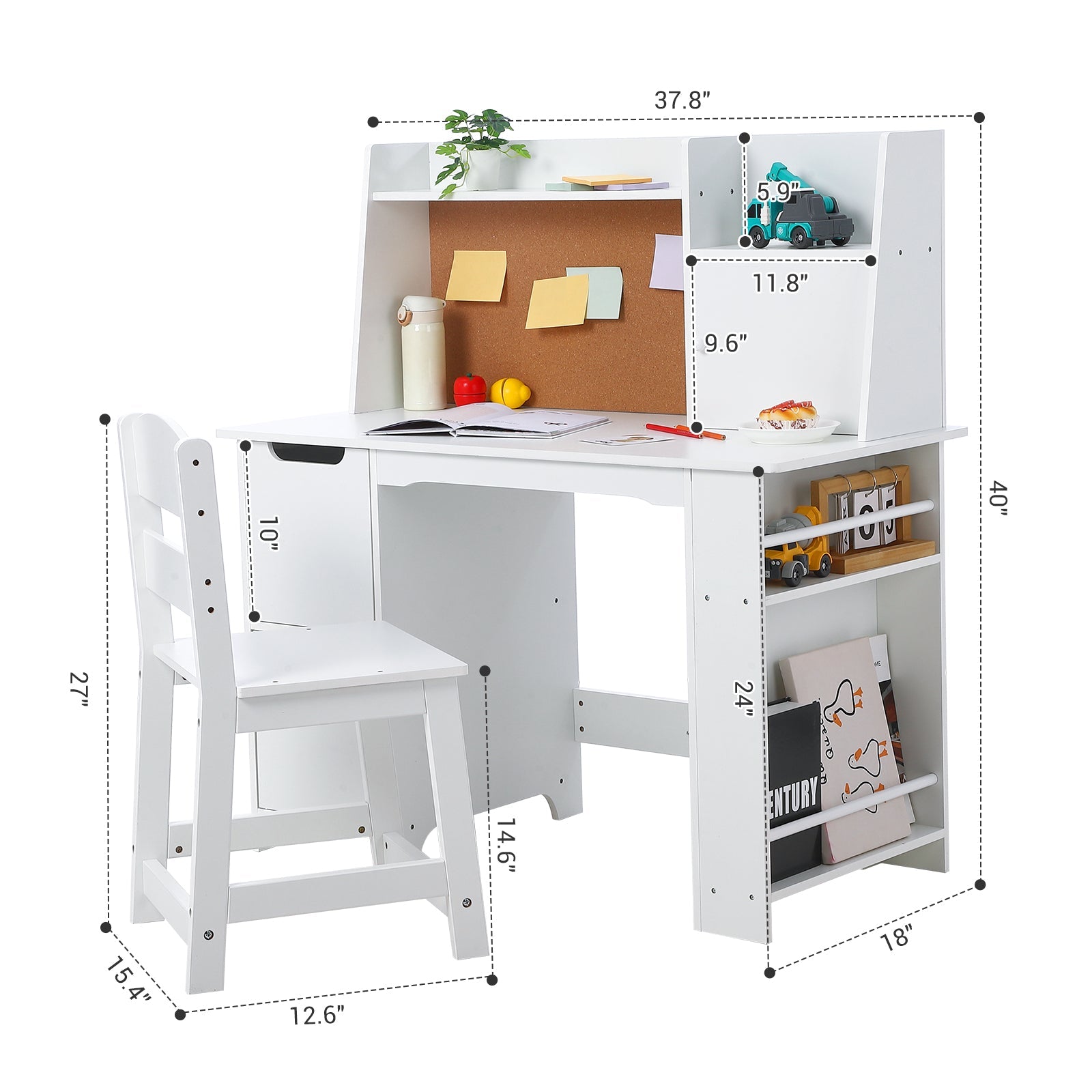 Garvee Bureau enfant blanc avec chaise et rangement, table d’apprentissage pour filles et garçons de 3 à 10 ans, idéale devoirs, lecture et dessin