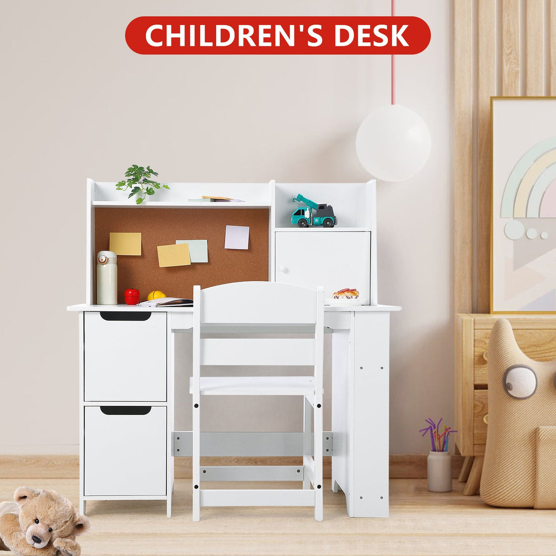 Ensemble bureau et chaise pour enfants Garvee, en bois avec rangement, blanc, ergonomique, pour apprendre et jouer