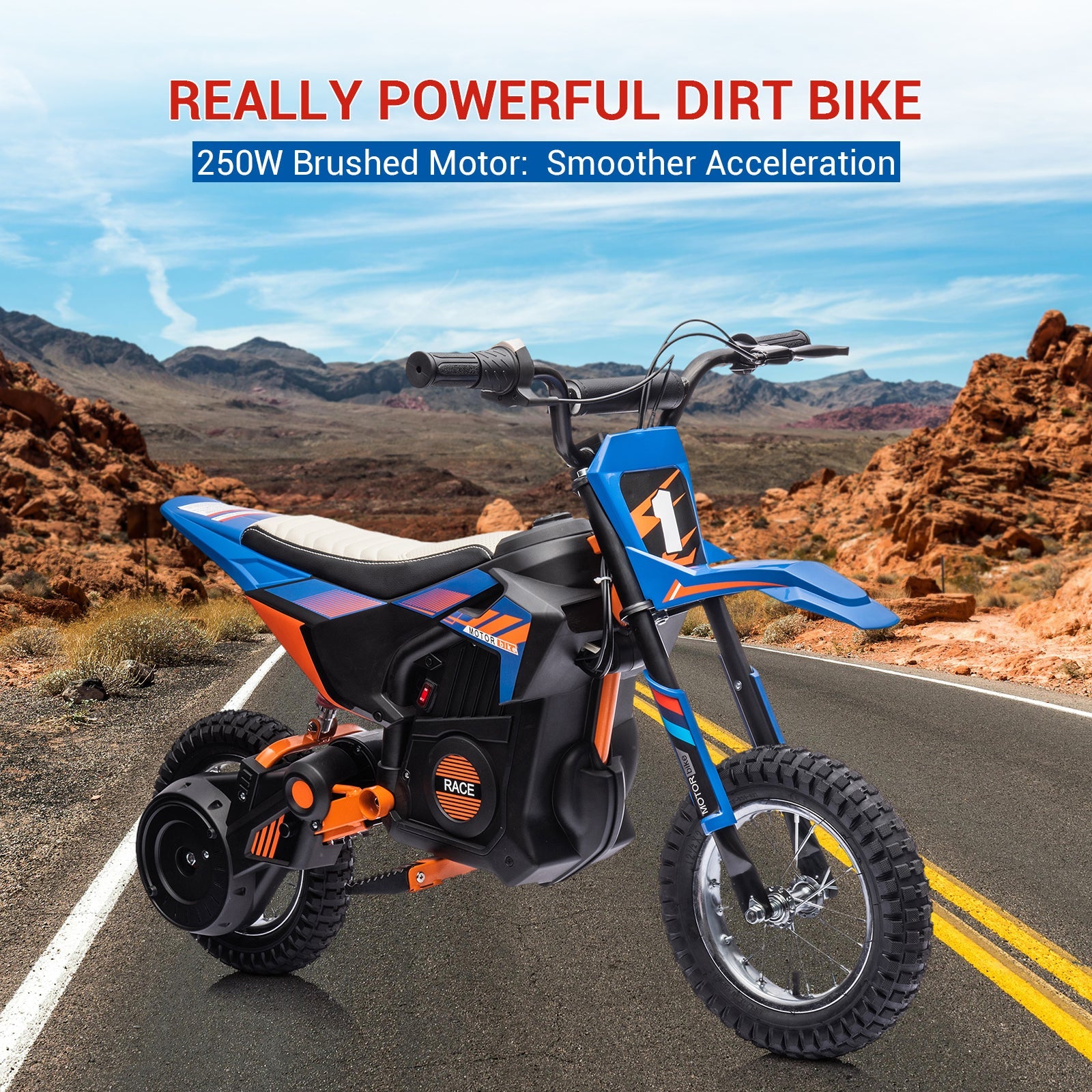 Moto électrique tout-terrain Garvee 24 V, moteur 250 W, selle en cuir, suspension métallique, pneus pneumatiques, pour enfants et adolescents, bleue