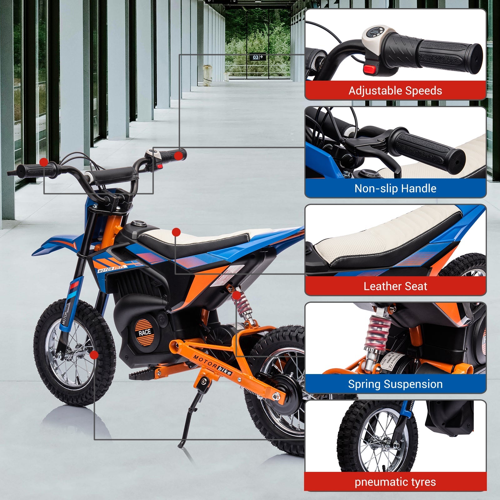 Moto électrique tout-terrain Garvee 24 V, moteur 250 W, selle en cuir, suspension métallique, pneus pneumatiques, pour enfants et adolescents, bleue