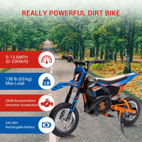 Moto électrique tout-terrain Garvee 24 V, moteur 250 W, selle en cuir, suspension métallique, pneus pneumatiques, pour enfants et adolescents, bleue