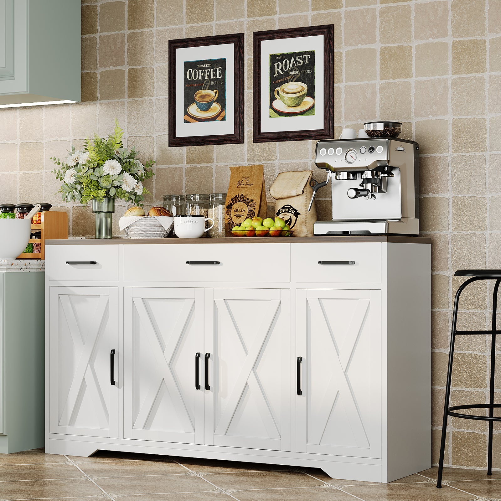 Buffet moderne Garvee avec 3 tiroirs, style campagnard, 140 cm, blanc, pour salon et salle à manger