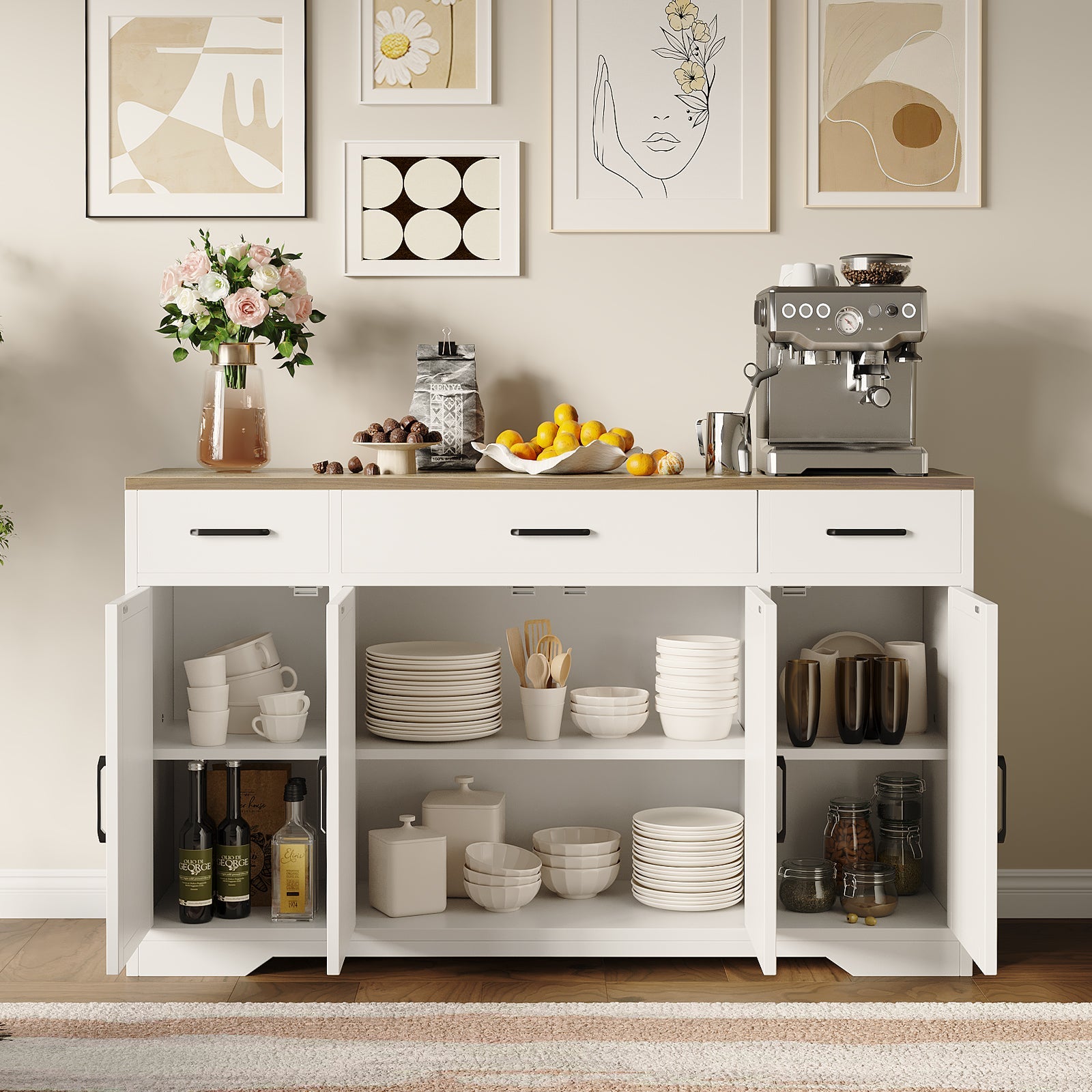 Buffet moderne Garvee avec 3 tiroirs, style campagnard, 140 cm, blanc, pour salon et salle à manger