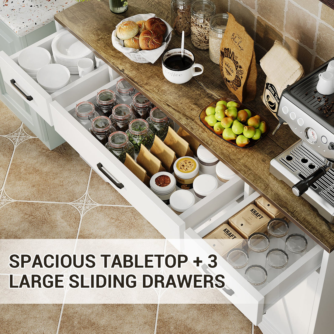 Garvee buffet moderne avec 3 tiroirs, style campagnard, 140 cm, blanc, pour salon et salle à manger